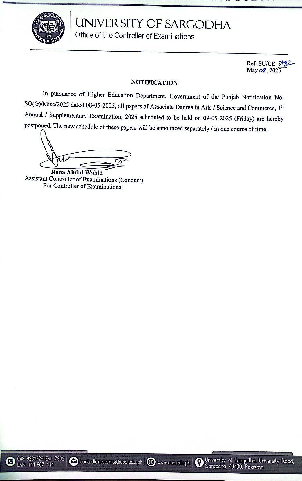 Notification Regarding Postponement of Papers of ADA/ADS/ADC, 1st Annual / Supplementary Examination, 2025 to be held on 08-05-2025