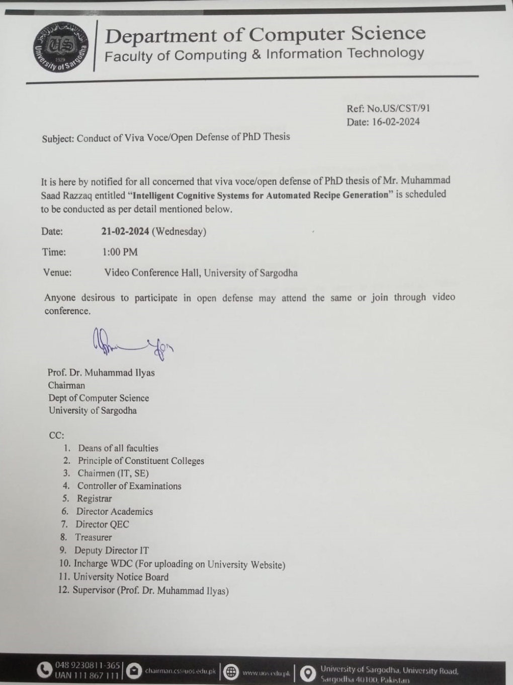 Conduct of Viva Voce/ Open Defense of PhD thesis (Computer Science)