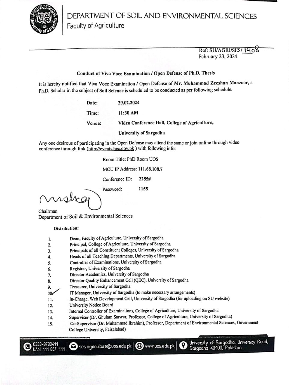Conduct of Viva Voce Examination/ Open Defense of PhD Thesis (College of Agriculture)