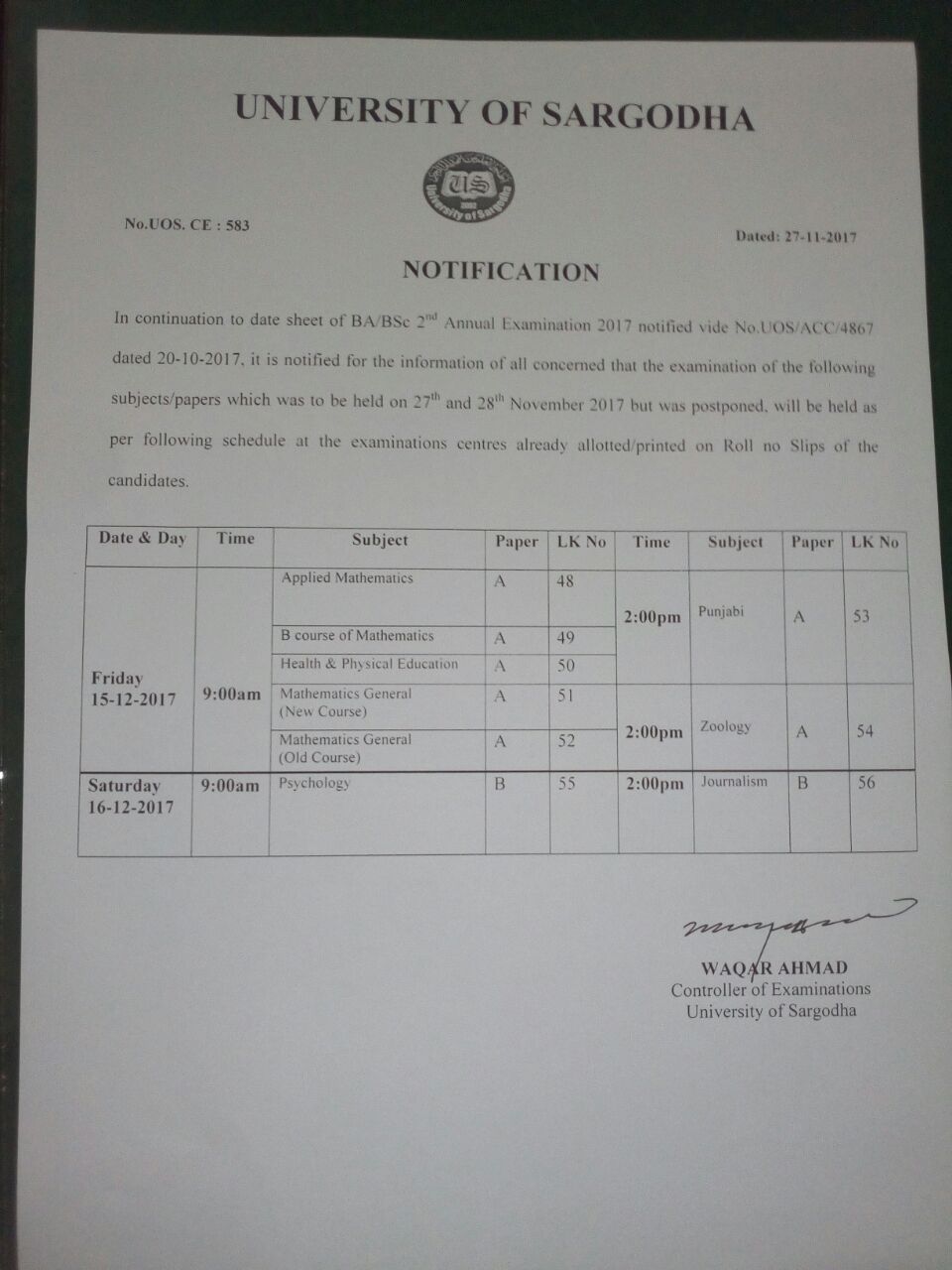 Schedule of Postponed Exam of BA/BSc 2nd Annual Examinations 2017
