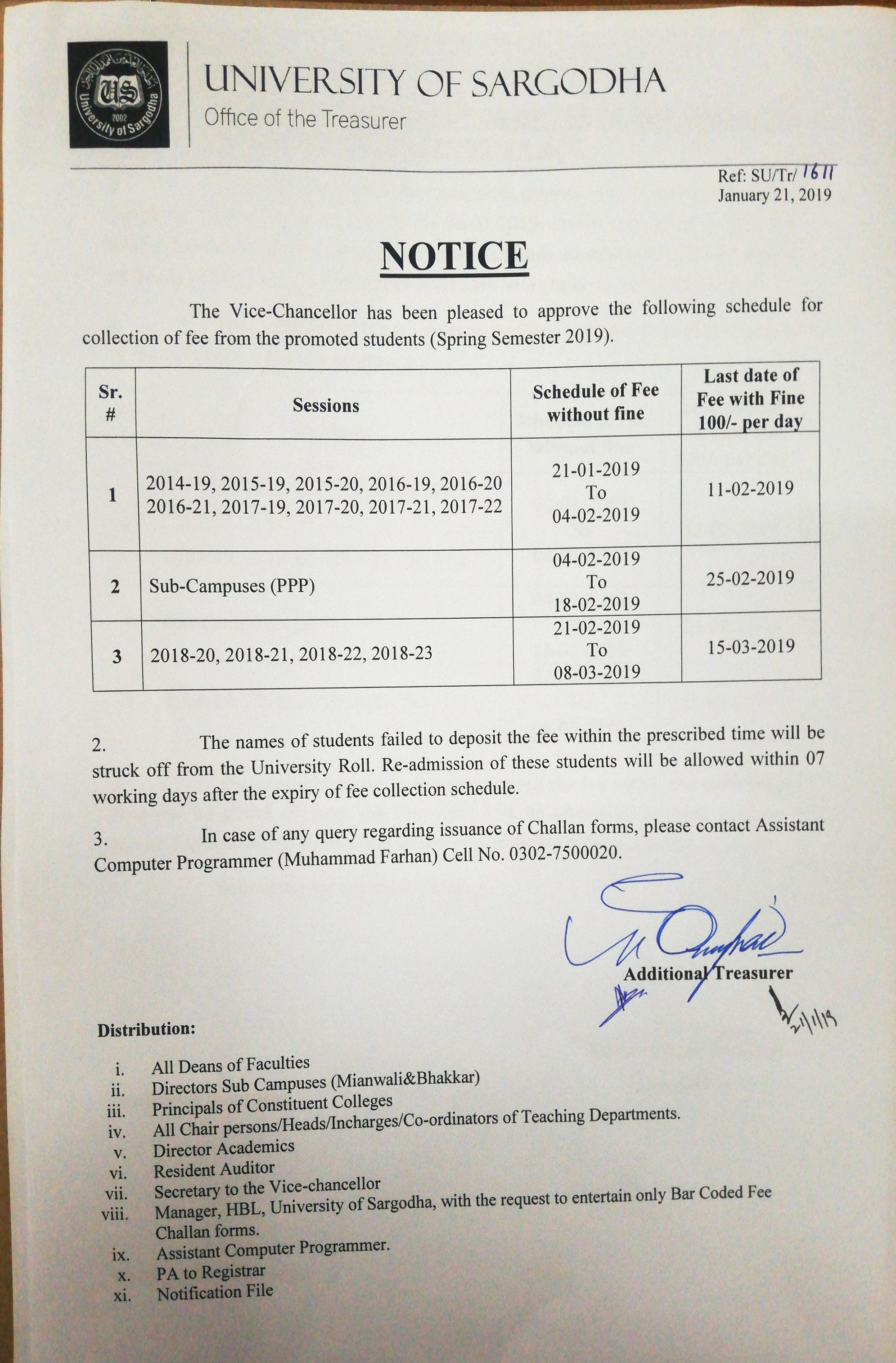Schedule of Collection of Fee Spring Semester 2019