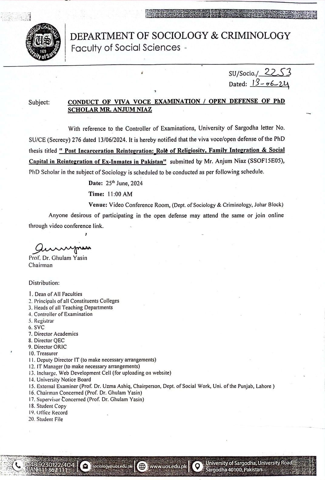 CONDUCT OF VIVA VOCE EXAMINATION/ OPEN DEFENSE OF PHD SCHOLAR MR. ANJUM NIAZ (SOCIOLOGY)