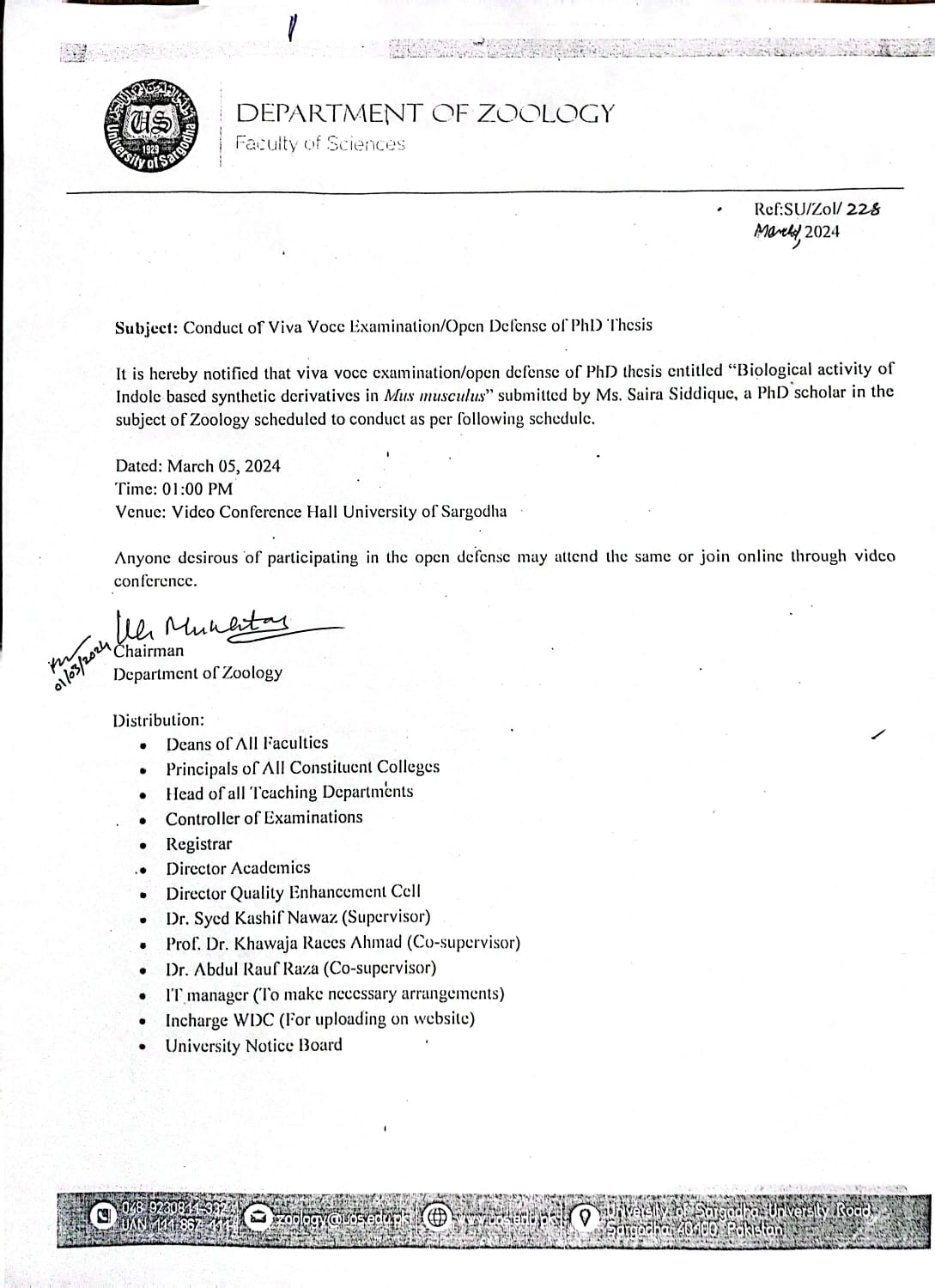 CONDUCT OF VIVA VOCE EXAMINATION/ OPEN DEFENSE OF PHD THESIS (Zoology)