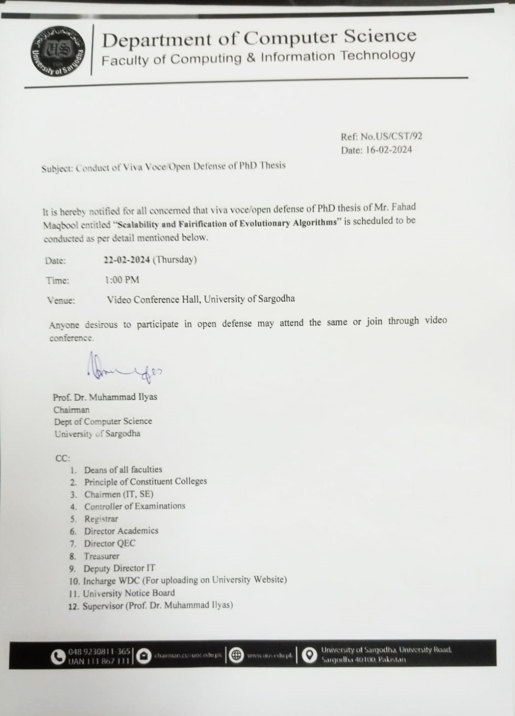 conduct of Viva Voce/ Open defense of PhD thesis (Computer Science)