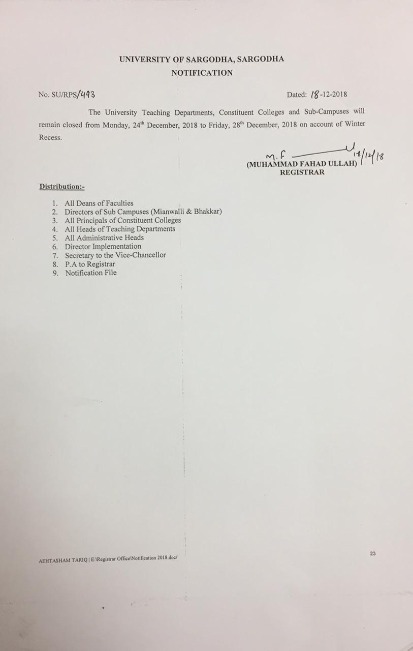 Notification regarding Winter Vacations 2018