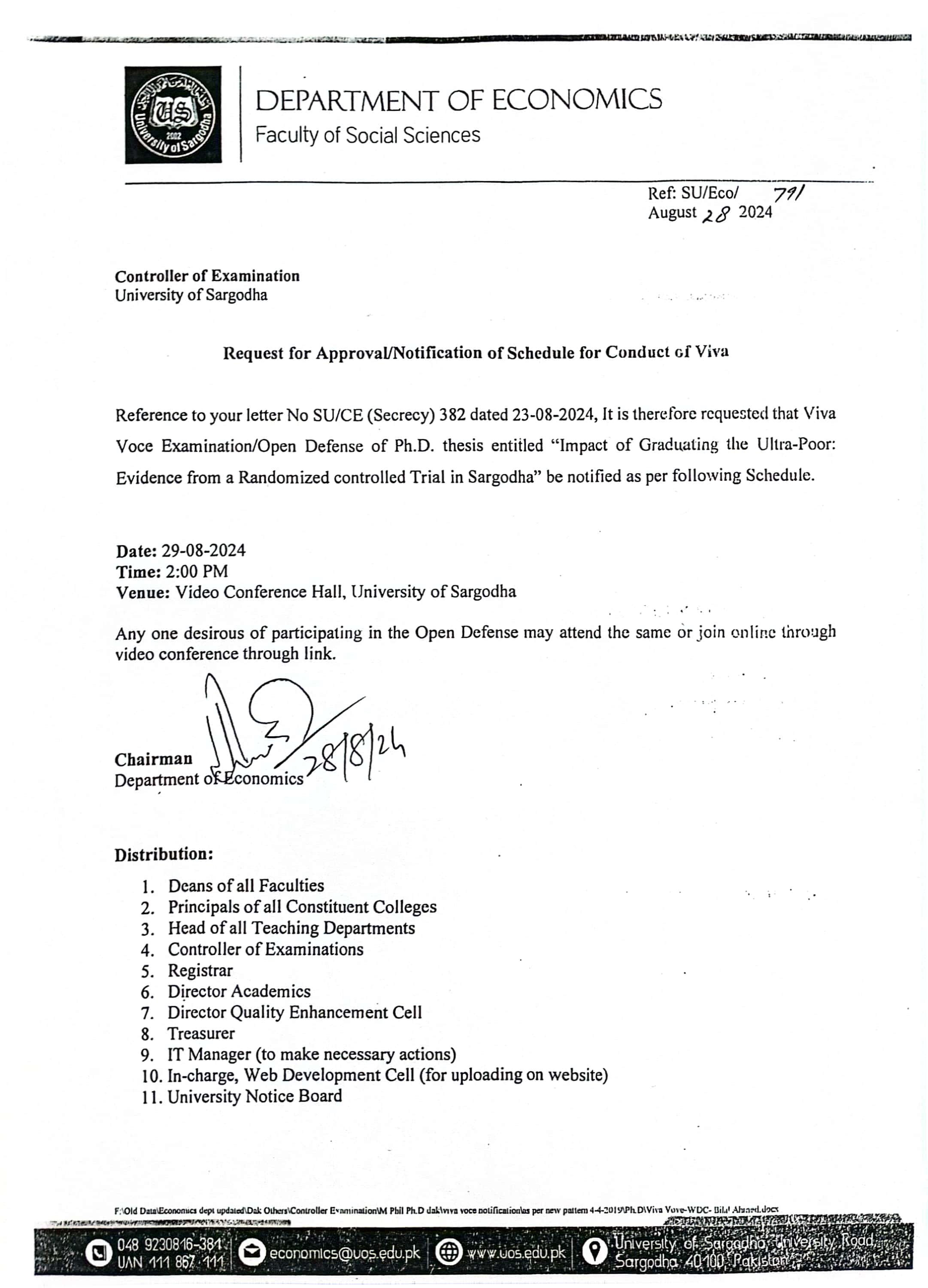 REQUEST FOR APPROVAL/NOTIFICATION OF SCHEDULE FOR CONDUCT OF VIVA (ECONOMICS)