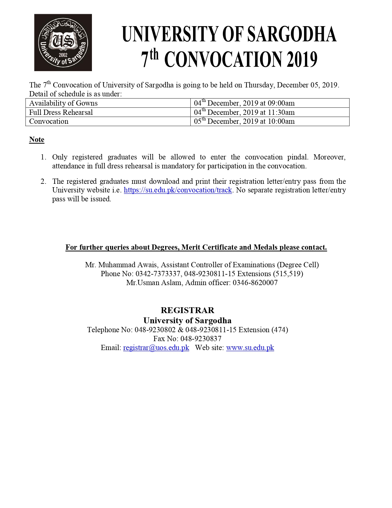 Notification Regarding 7th Convocation of University of Sargodha