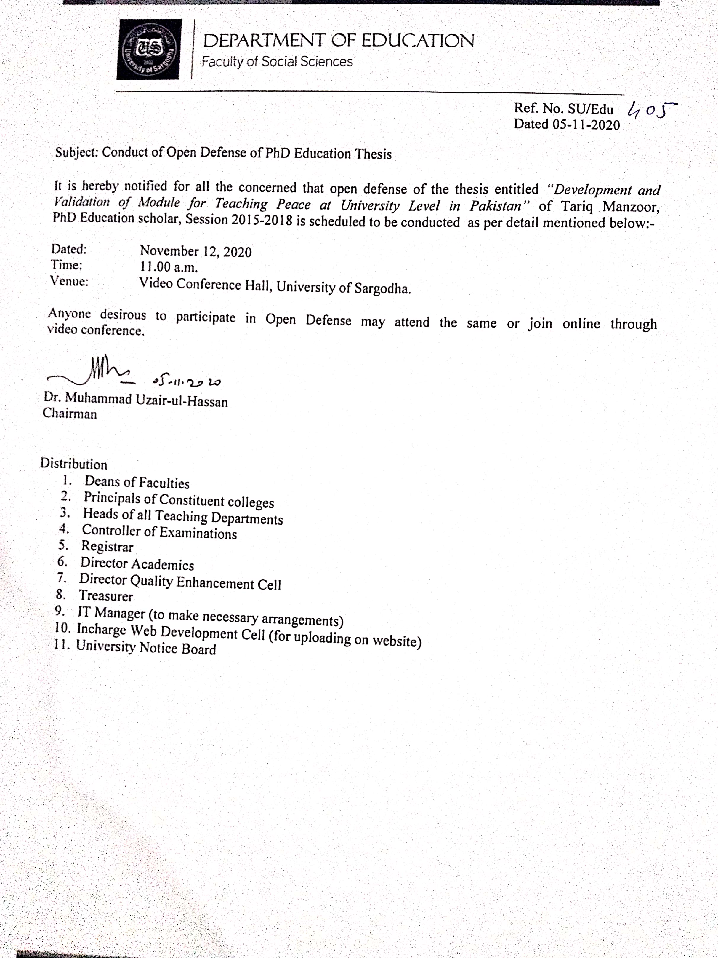 Conduct of Viva Voce Examination / Open Defense of Ph.D Thesis (Education)