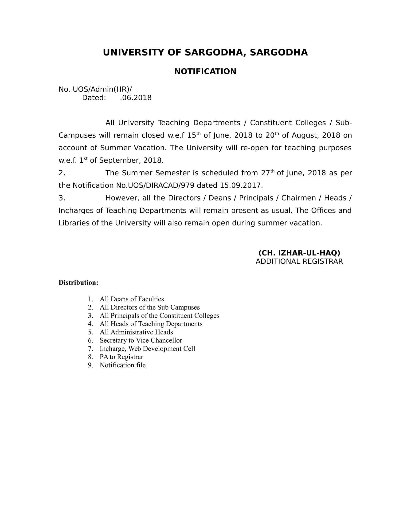 Notification regarding Summer Vacation Holidays 2018