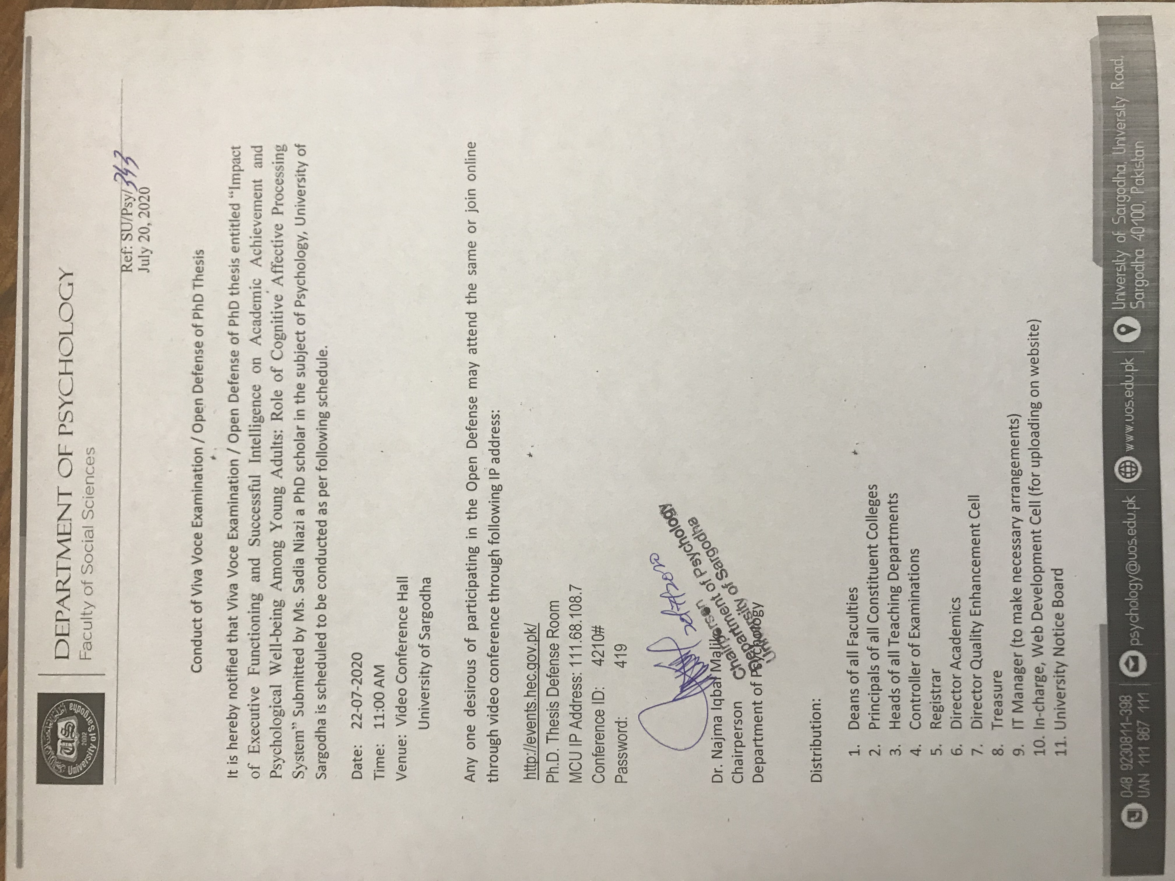 Conduct of Viva Voce Examination / Open Defense of Ph.D. Thesis ( Department of Psychology)