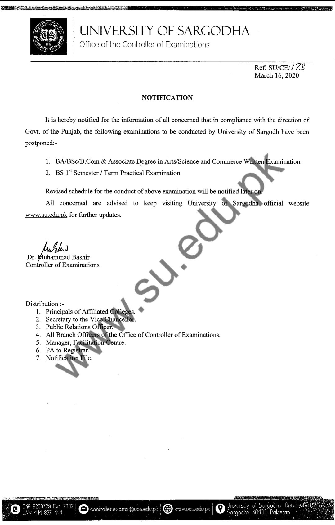 Notification for Postponement of exams