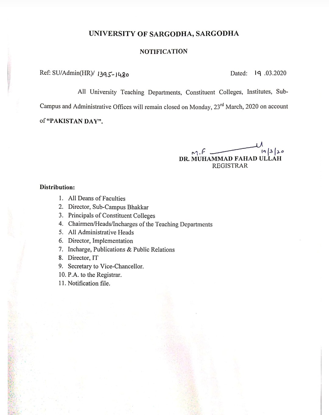 Notification regarding Pakistan Day Holiday