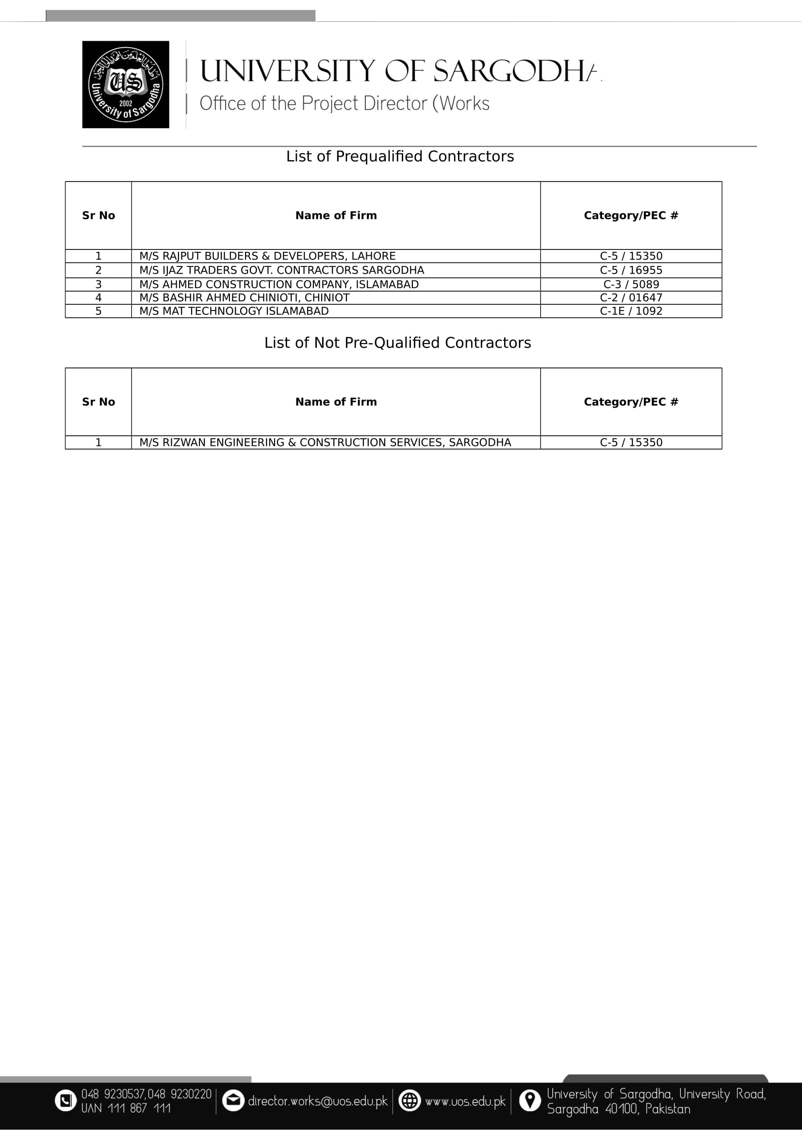 List of Pre-qualified and Not-pre-qualified Contractors