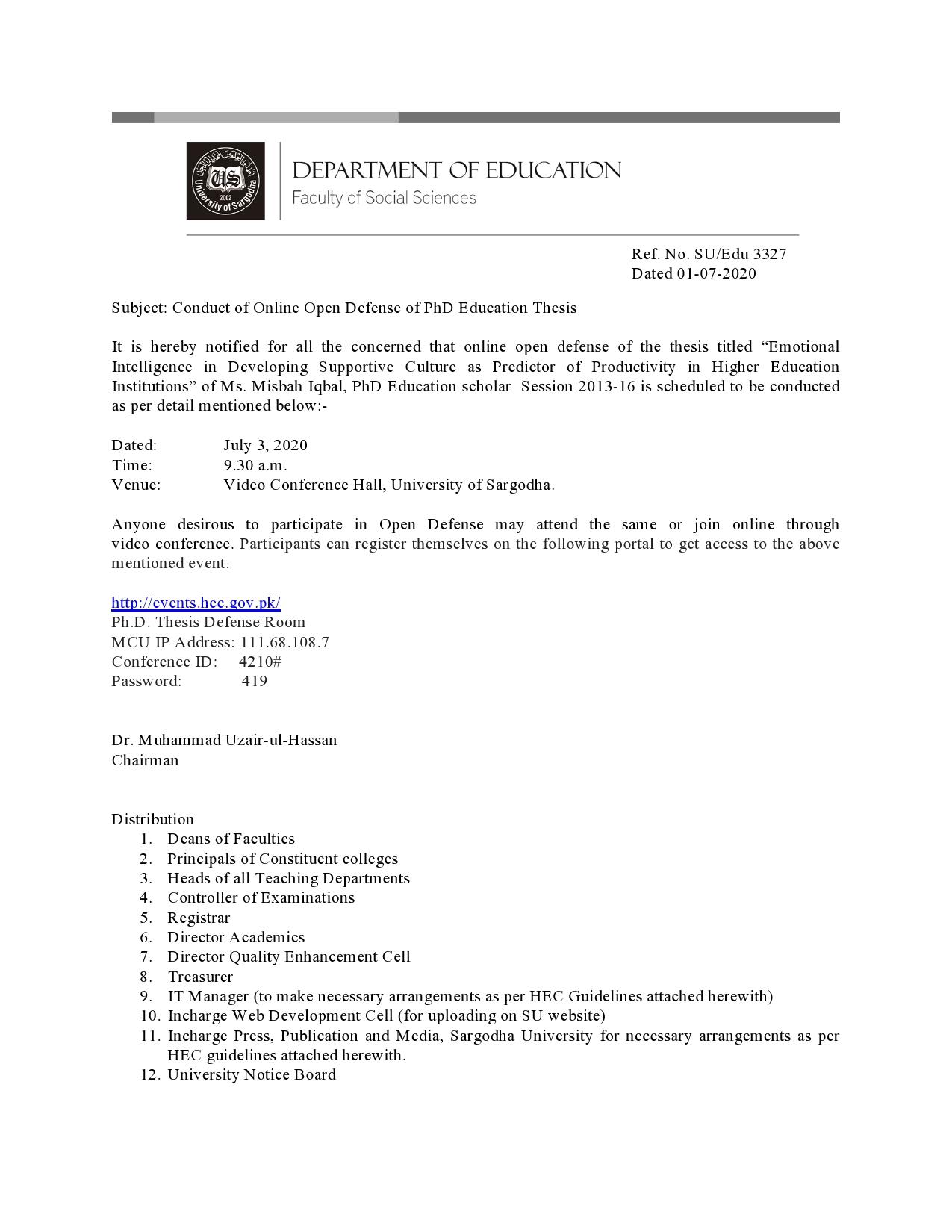 Conduct of Viva Voce Examination / Open Defense of Ph.D. Thesis (Education Department)