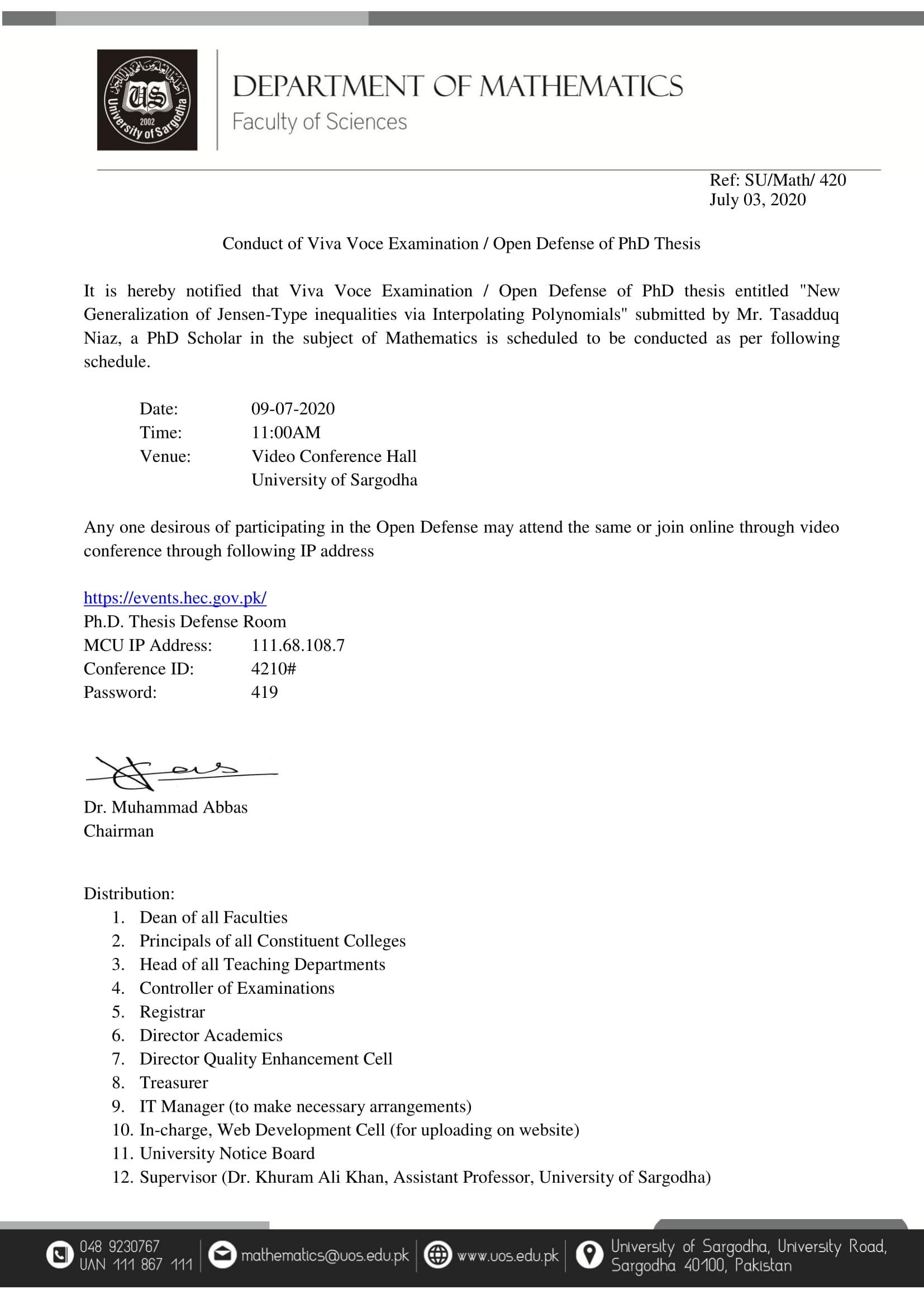 Conduct of Viva Voce Examination / Open Defense of Ph.D. Thesis (Department of Mathematics)
