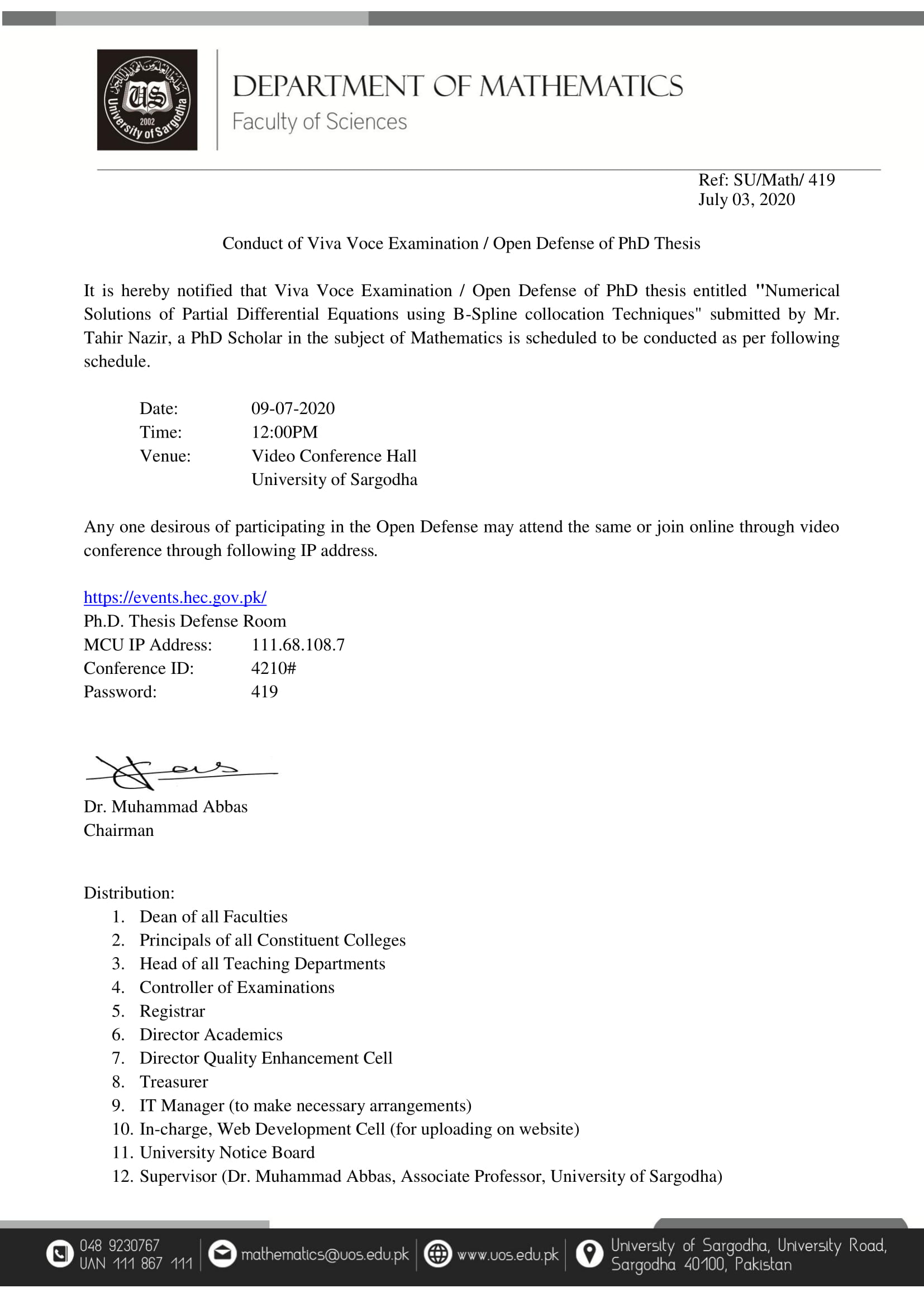 Conduct of Viva Voce Examination / Open Defense of Ph.D. Thesis ( Department of Mathematics)