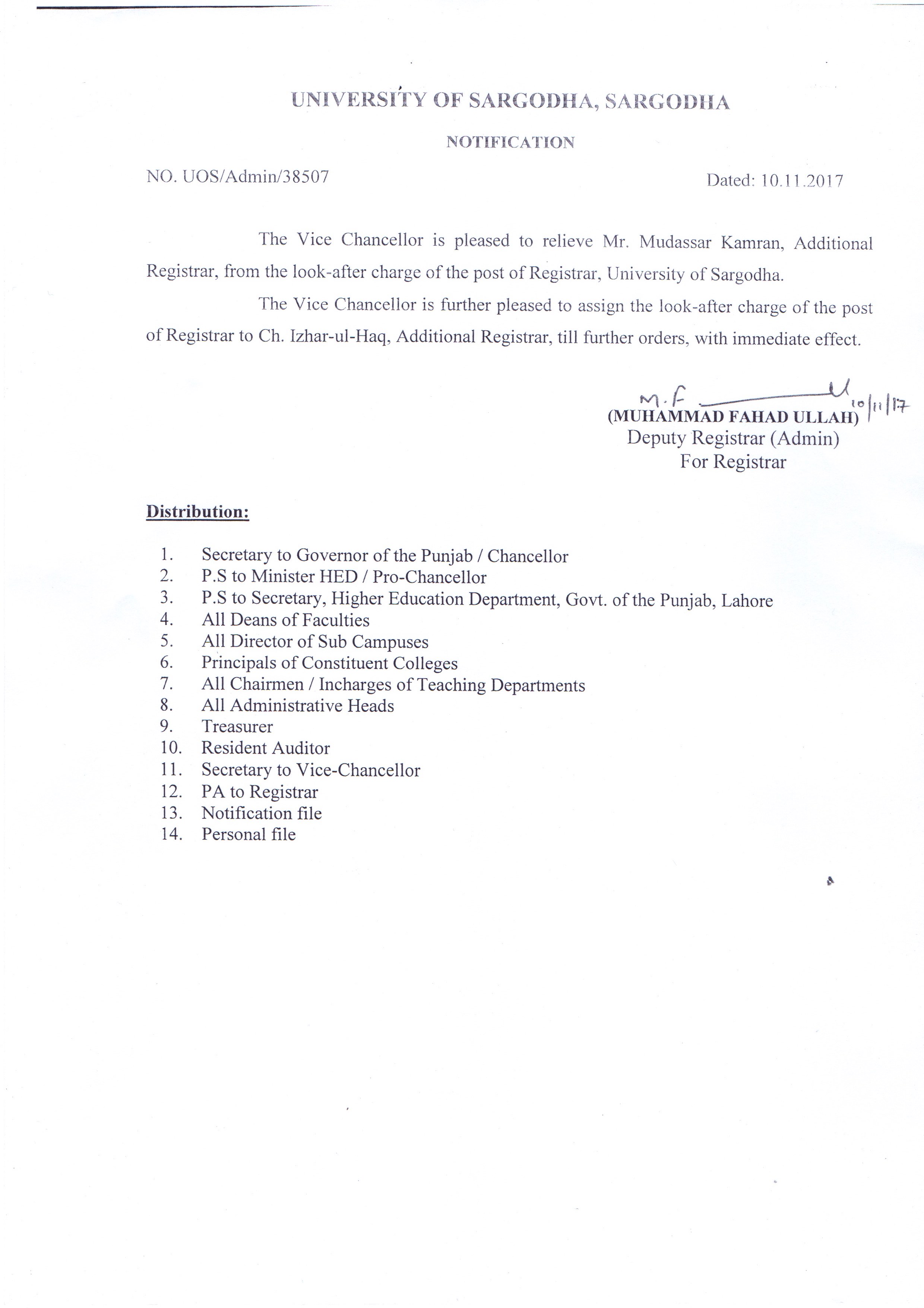 Notification regarding the charge of office of Registrar