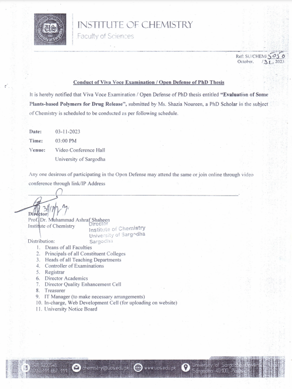 Conduct of Viva Voce Examination / Open Defense of PhD Thesis (Chemistry)