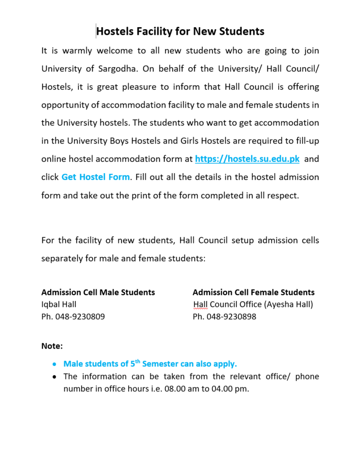 Hostels Facility for New Students