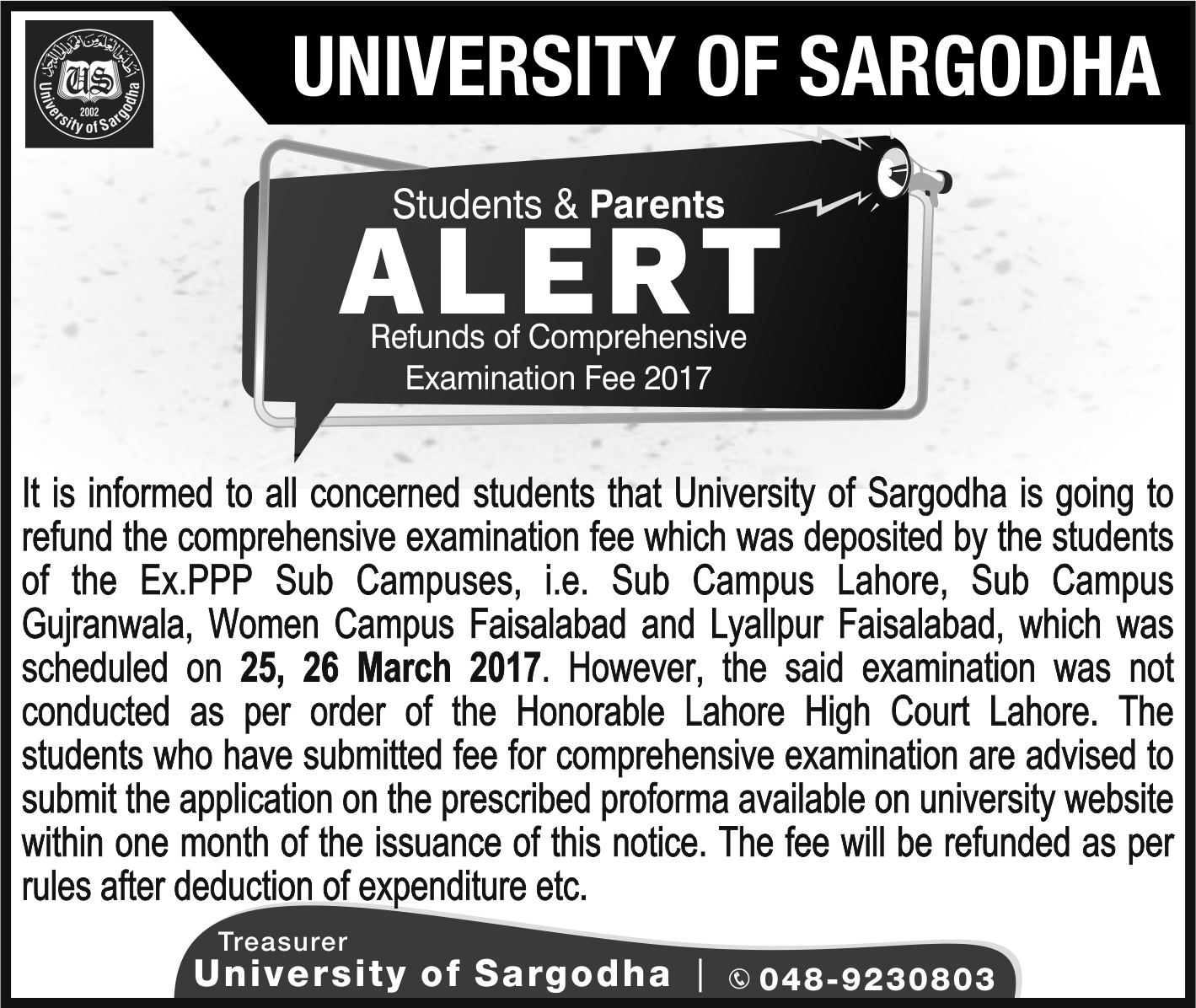 Students & Parents Alert Refund of Comprehensive Examination Fee 2017 Ex-PPP Campuses