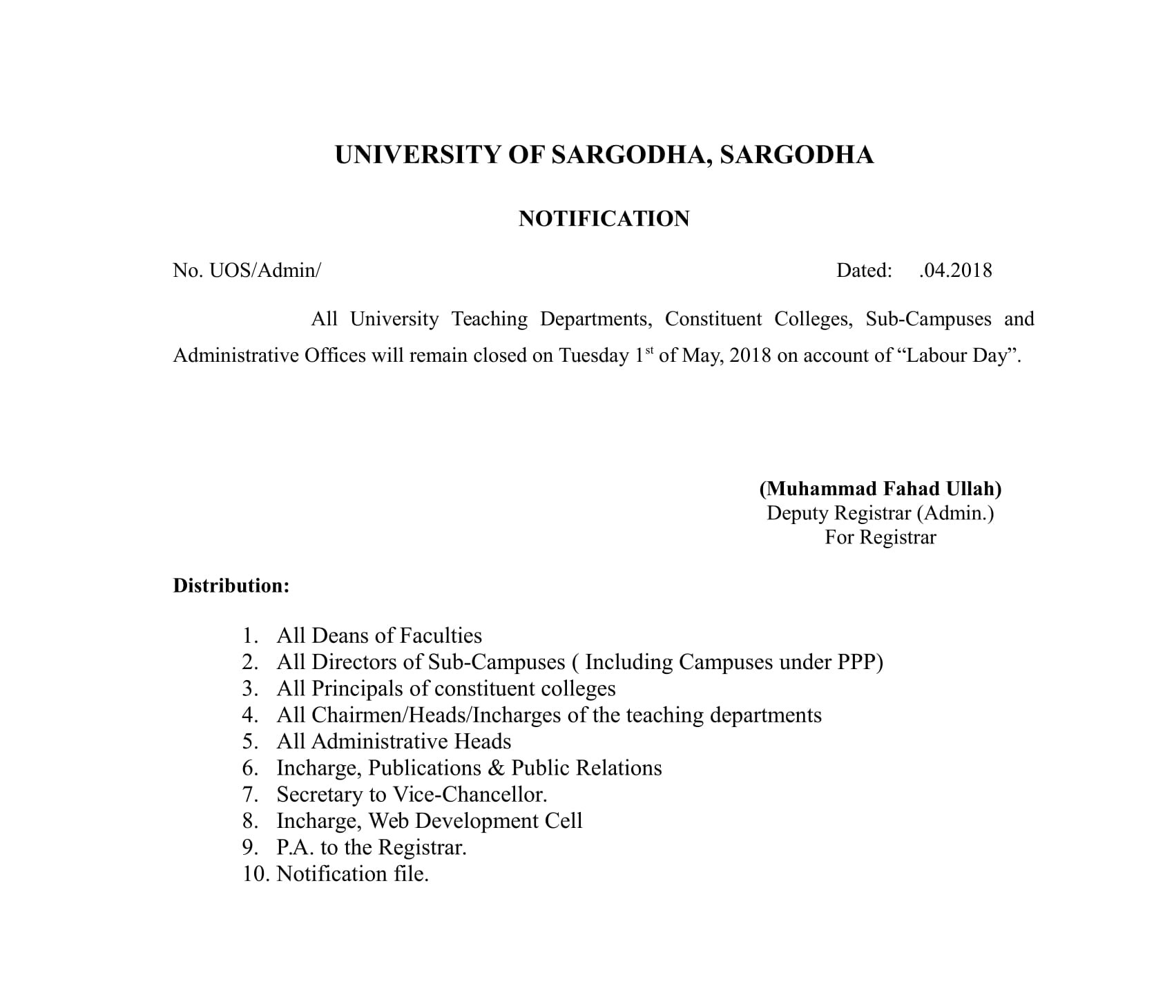 Notification regarding labor day 2018