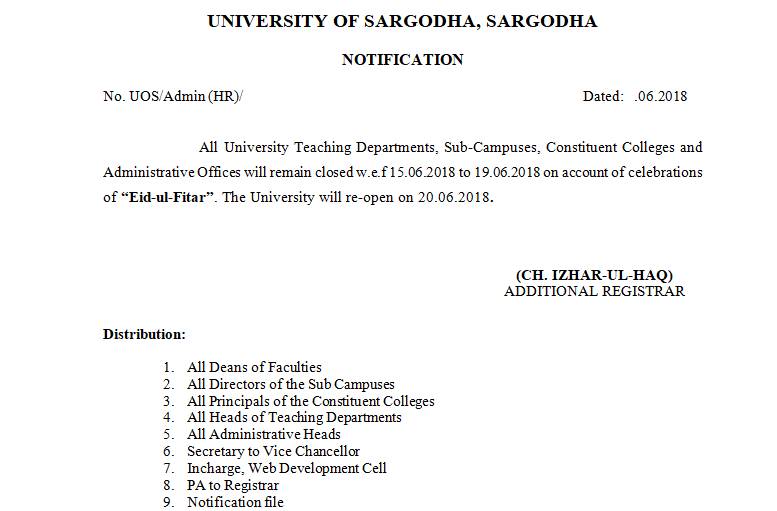 Notification regarding Holidays of Eid-ul-Fitar 2018