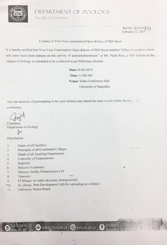 Conduct of Viva Voce Examination / Open Defense of PhD Thesis (Zoology)