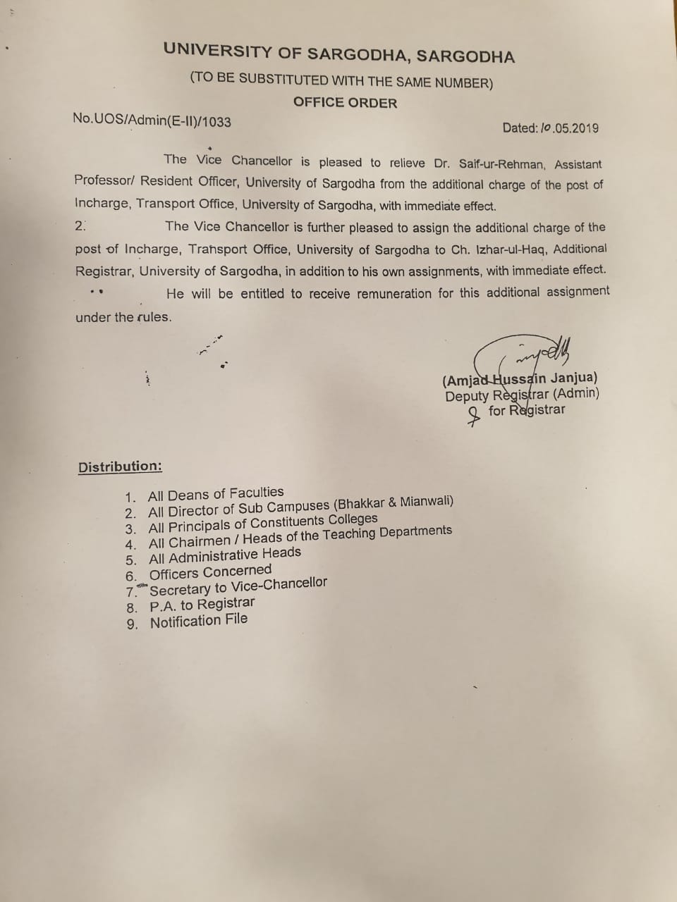 Notification Regarding the Additional Charge of  Incharge Transport Office