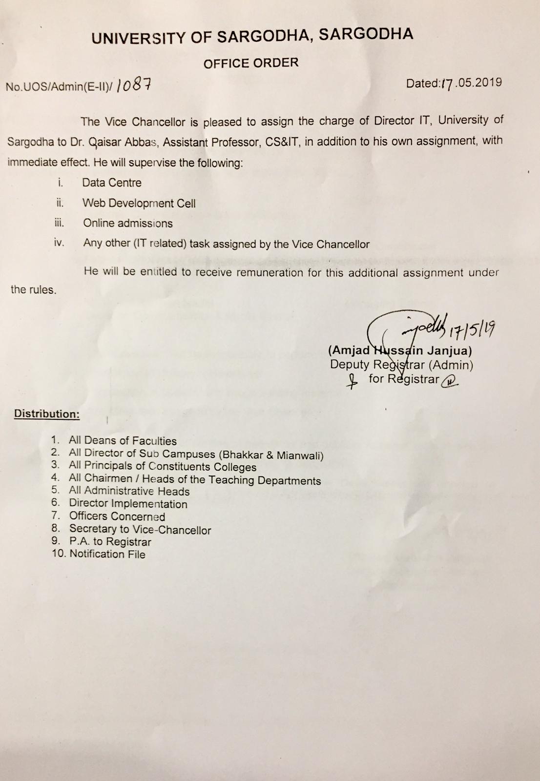 Notification Regarding the Additional Charge of Director IT