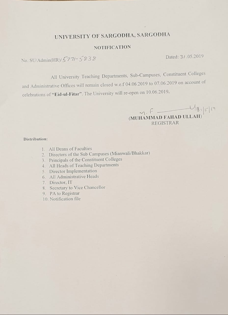 Notification Regarding Holidays of  Eid-ul-Fitar 2019