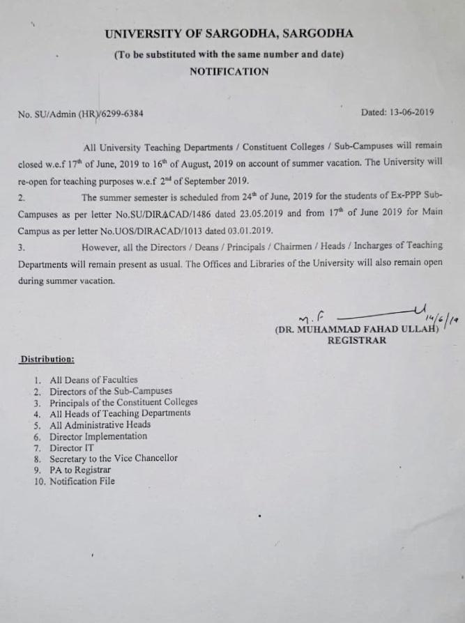 Notification Regarding Summer Vacations 2019