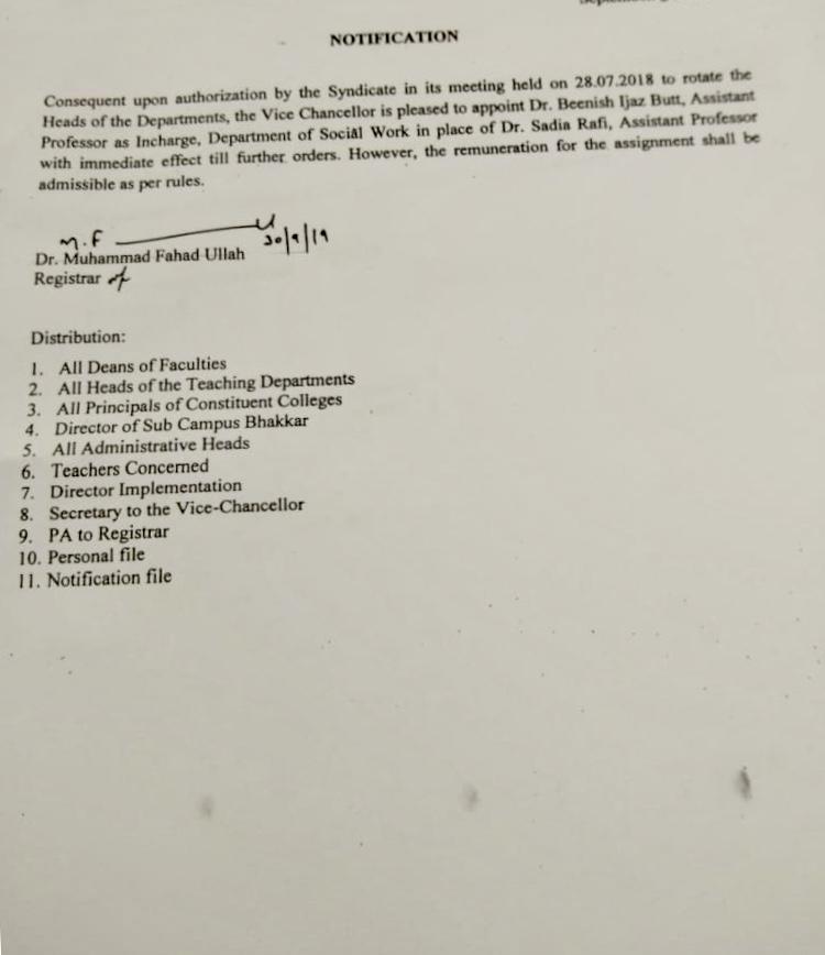 Notification Regarding the Charge of Incharge Department of Social Work