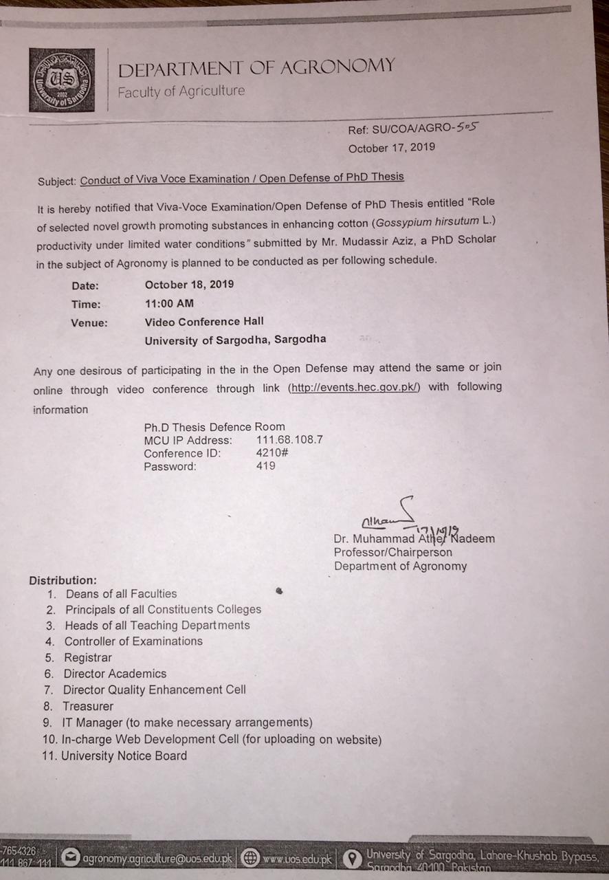 Conduct of Viva Voce Examination/Open Defense of PhD Thesis (Department of Agronomy)