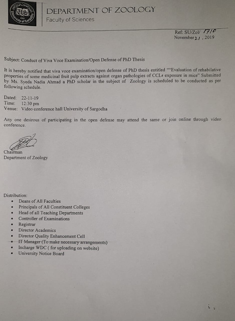Conduct of Viva Voce Examination/Open Defense of PhD Thesis (Department of Zoology)