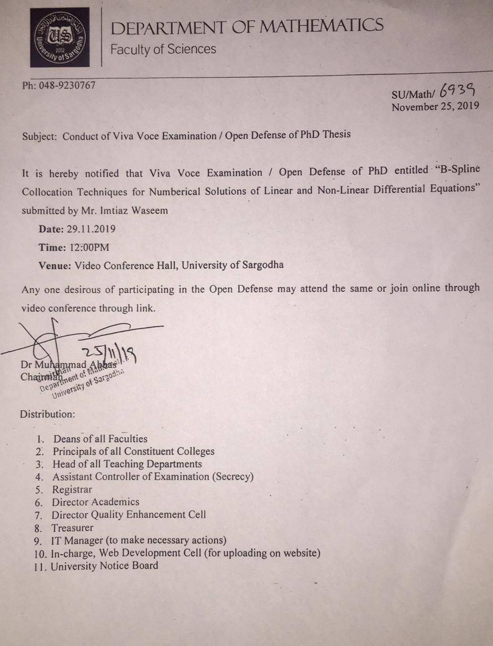 Conduct of Viva Voce Examination/Open Defense of PhD Thesis ( Department of Mathematics )