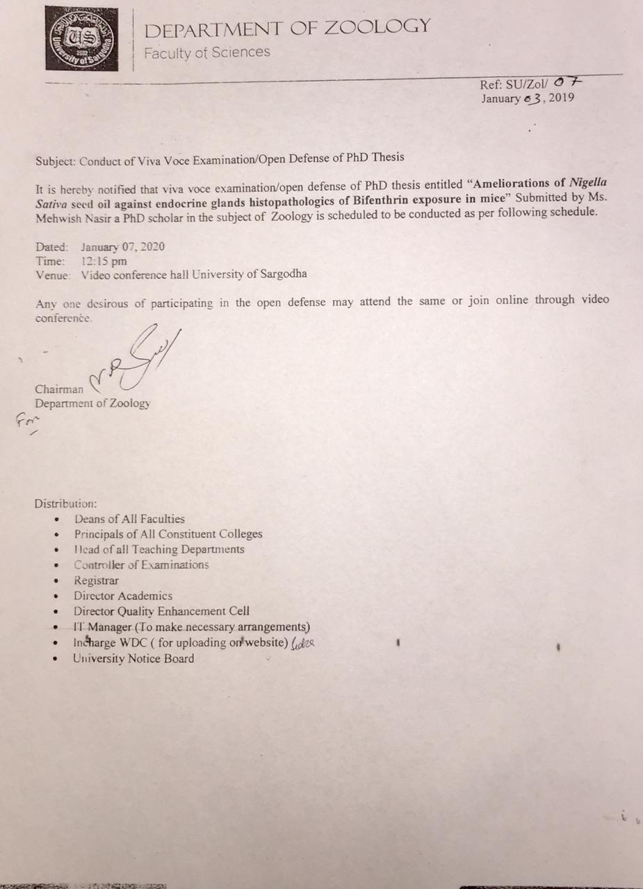 Conduct of Viva Voce Examination/Open Defense of PhD Thesis ( Department of Zoology)