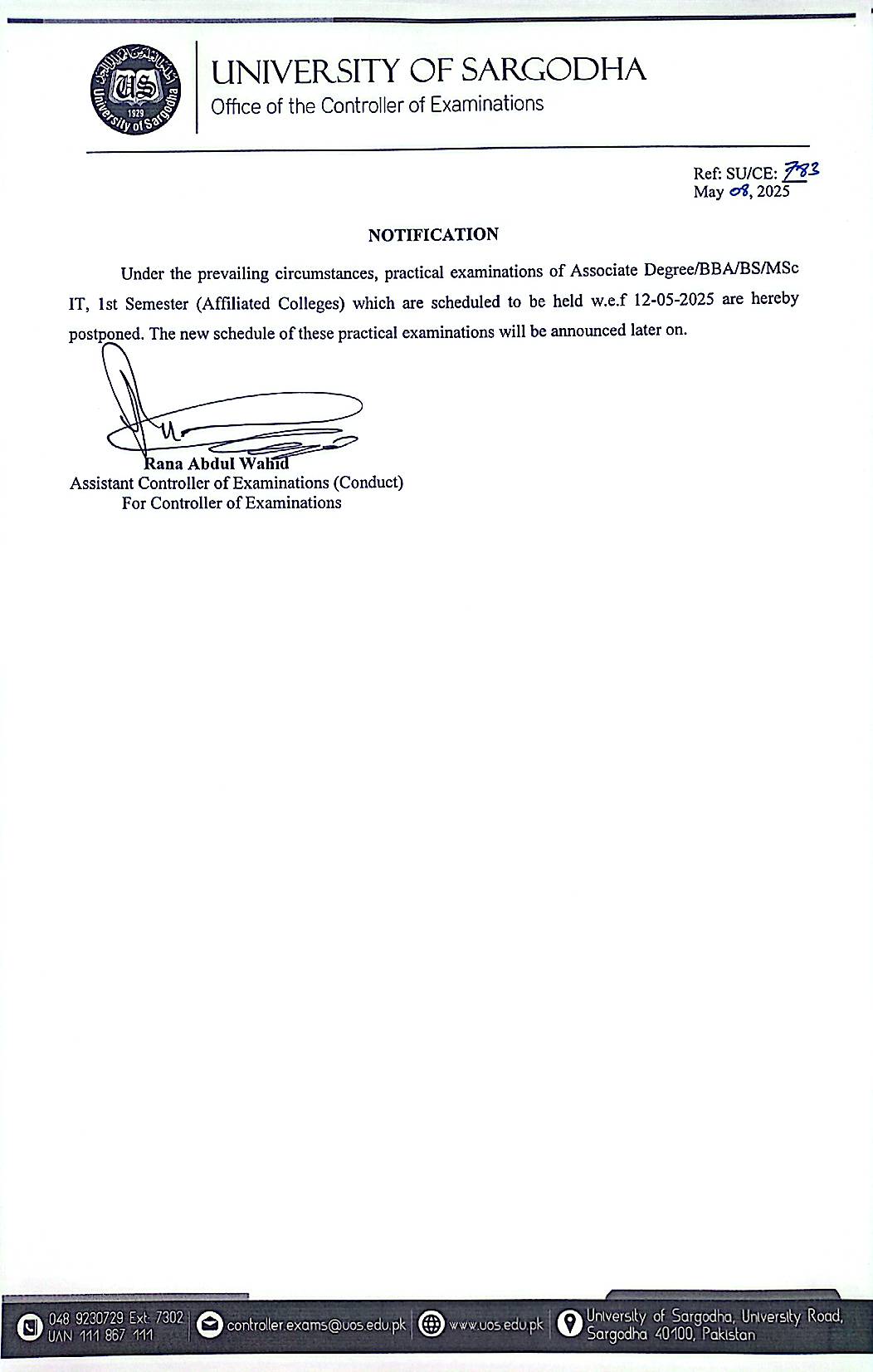 Notification Regarding Postponement of practical examinations of Associate Degree/BBA/BS/MSc IT, 1st Semester (Affiliated Colleges) which are scheduled to be held w.e.f 12-05-2025