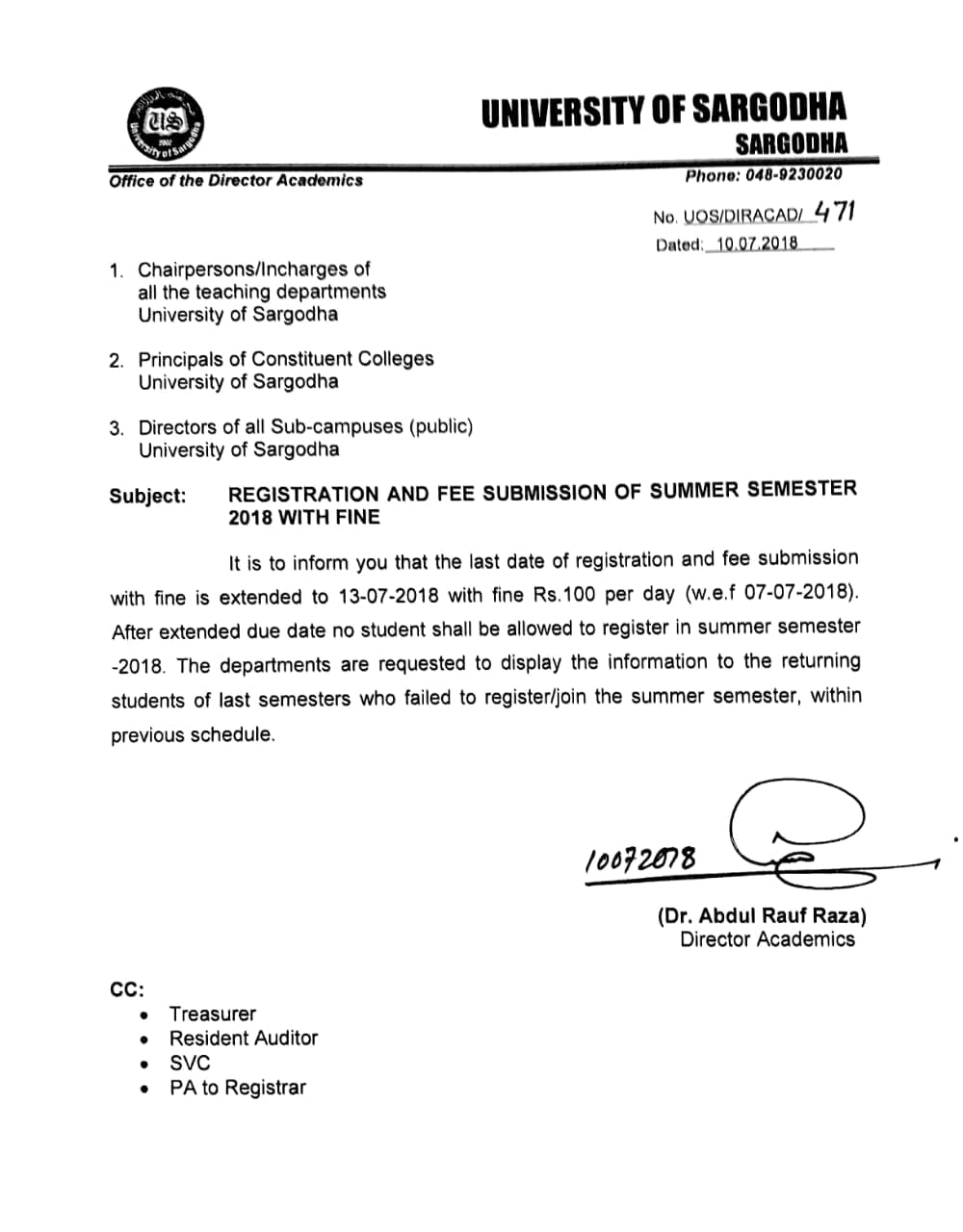 Registration and Fee Submission of Summer Semester 2018 with Fine