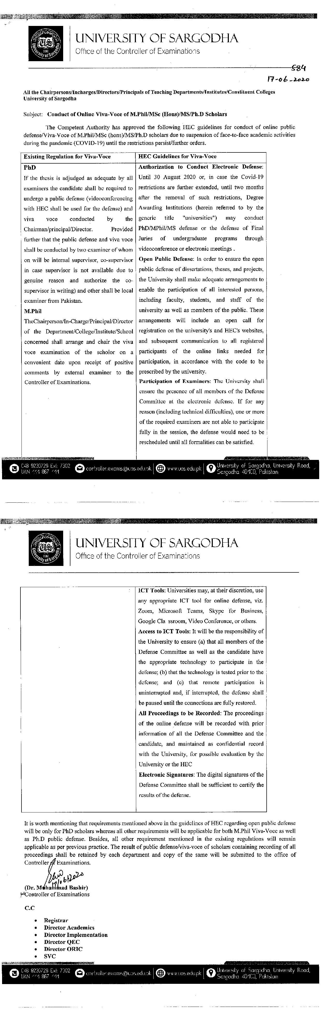 Notice regarding Conduct of Online Viva-Voce of M.Phil/MSc (Hone) / MS/Ph.D Scholars