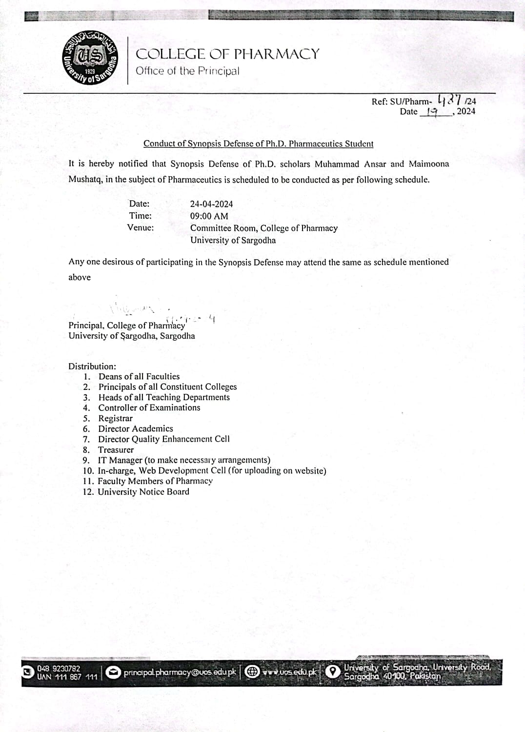 CONDUCT OF SYNOPSIS DEFENCE OF PHD PHARMACEUTICS STUDENT (PHARMACY)