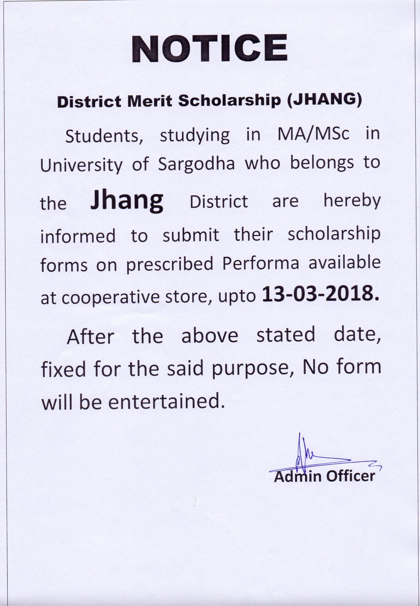 District Merit Scholarship ( JHANG )