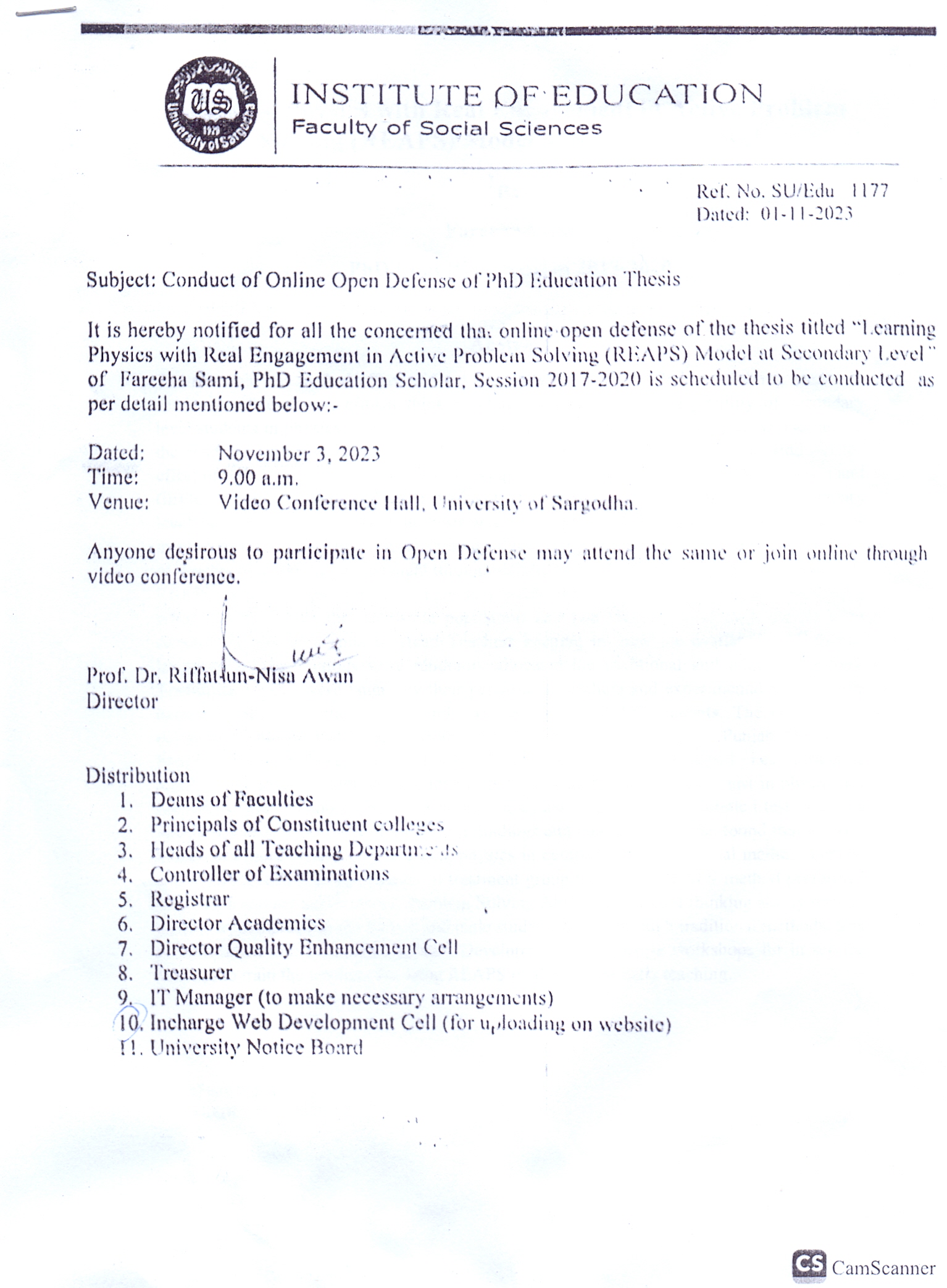 Conduct of Online Open Defence of PhD Education Thesis (Education)