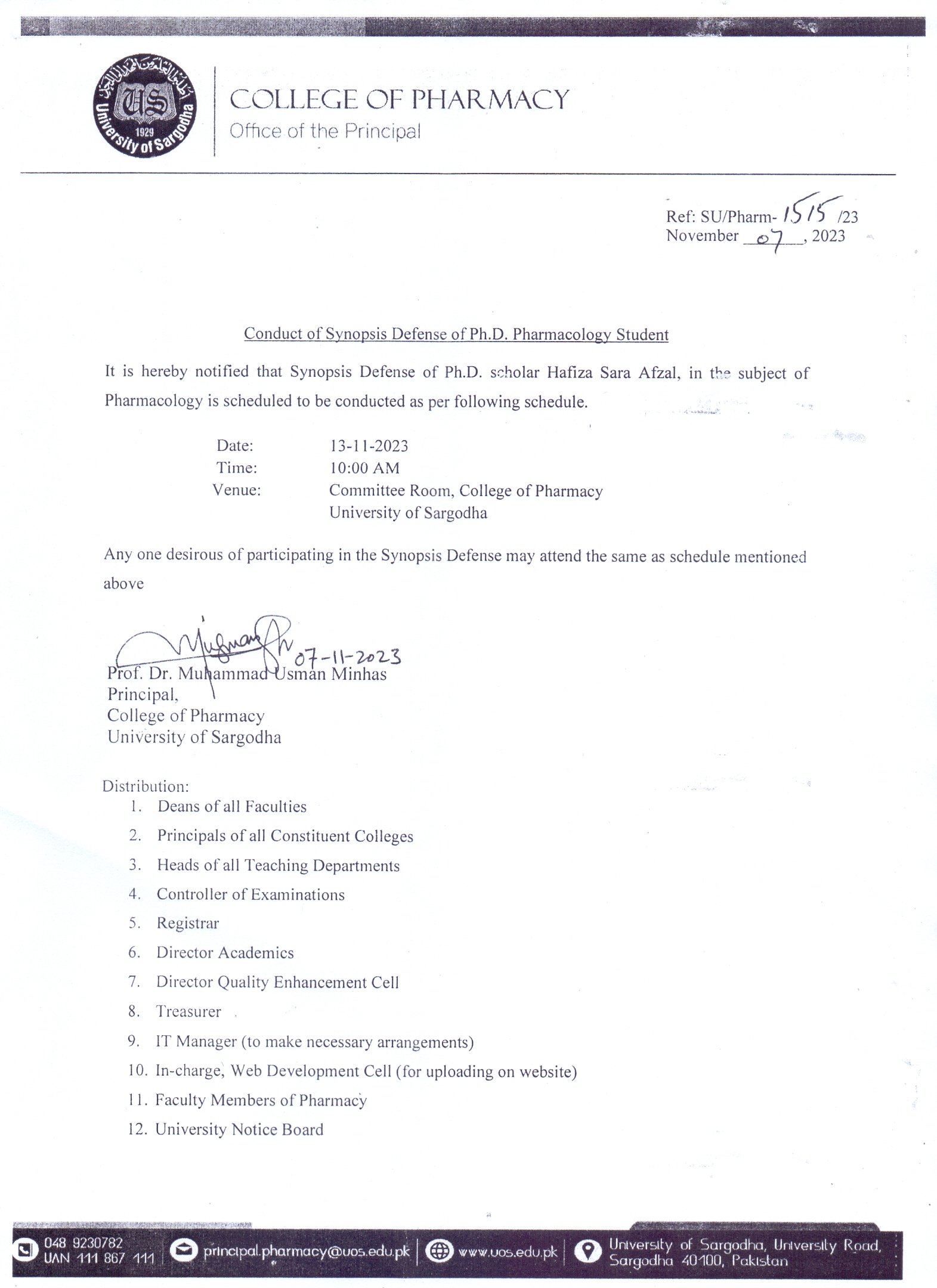 Conduct of Synopsis Defense of PhD Pharmacology Student (Pharmacy)