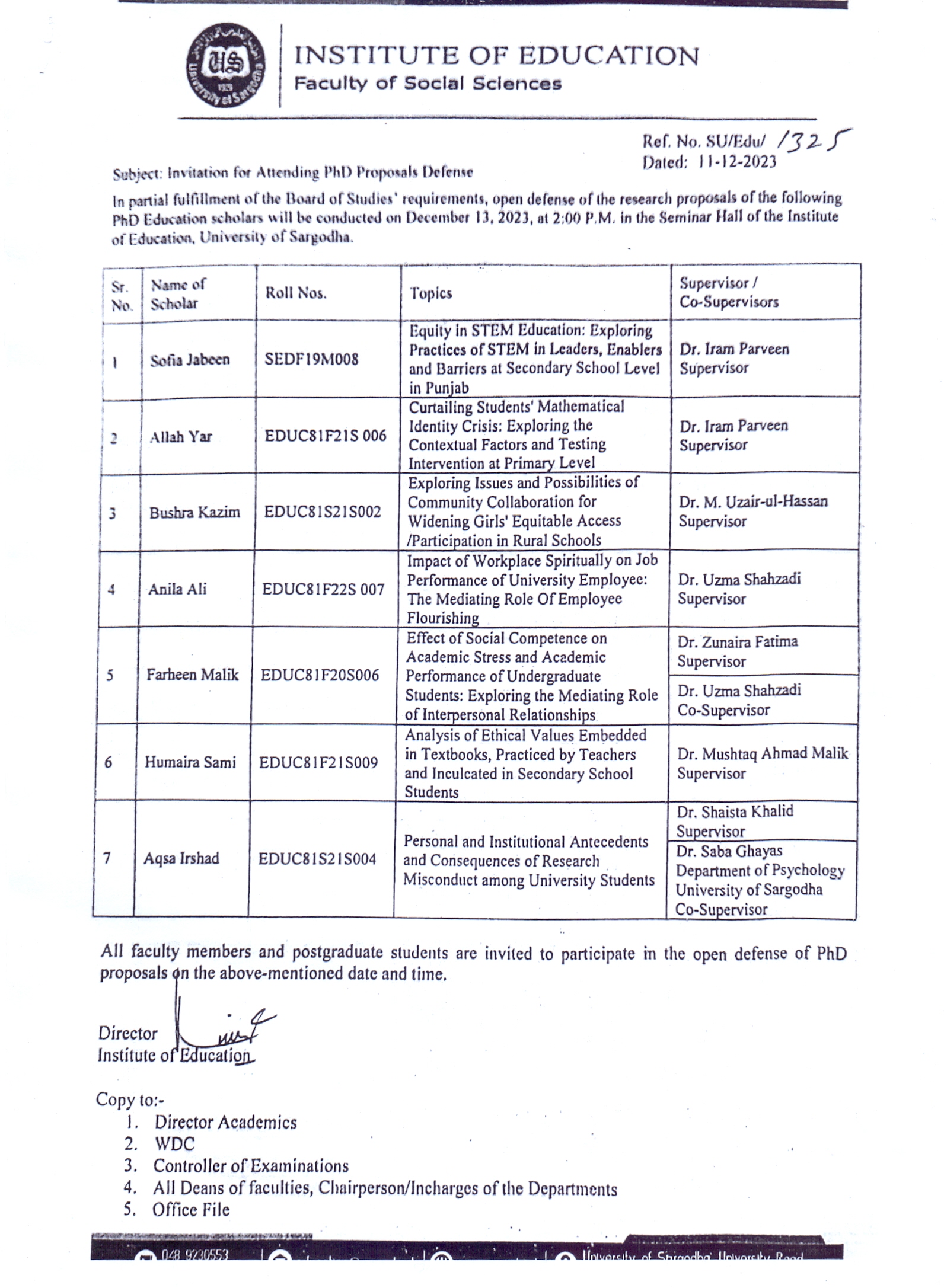 Invitation for Attending PhD Proposals Defense (Education)