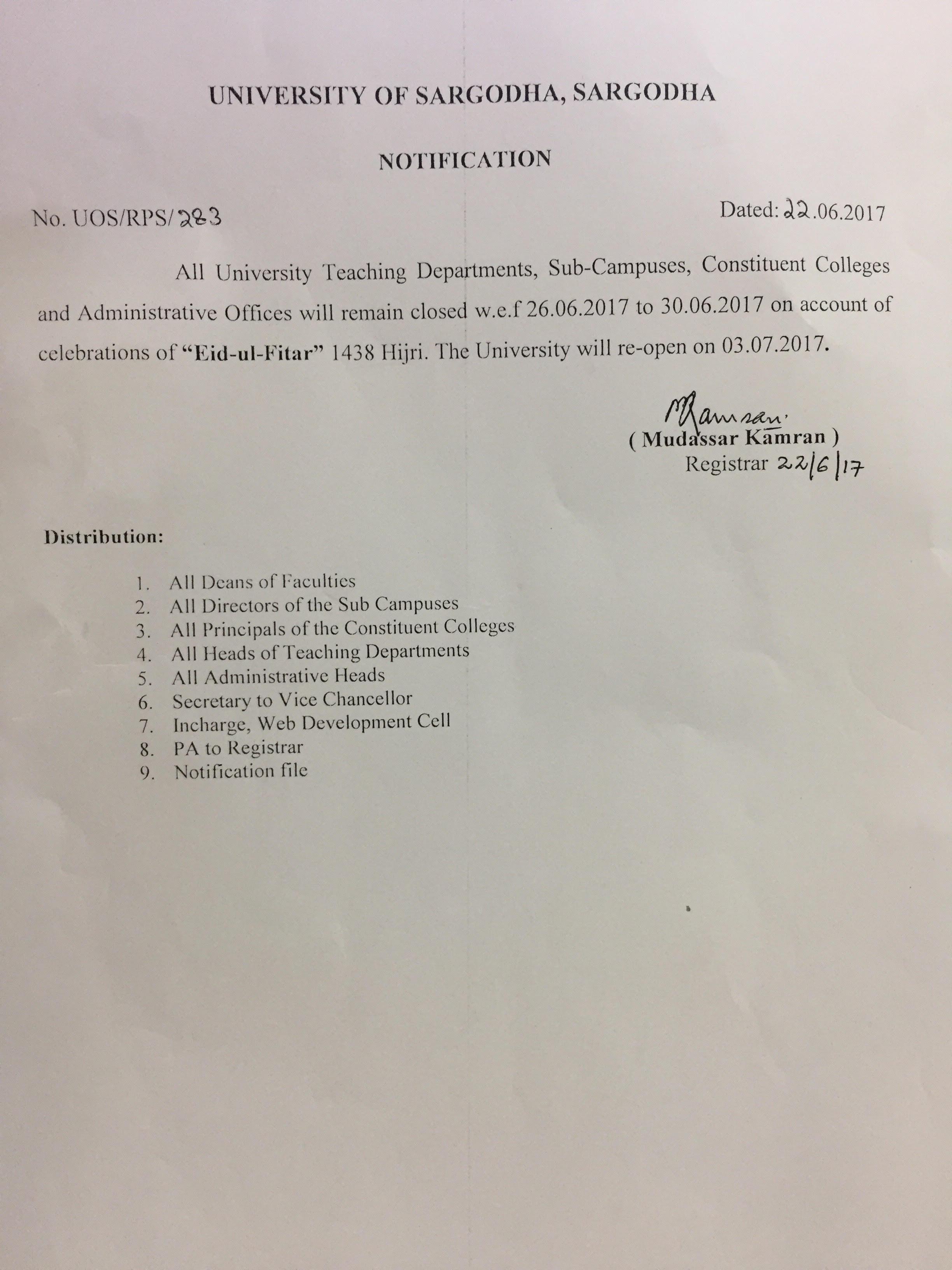 Notification regarding Holidays of Eid-ul-Fitar