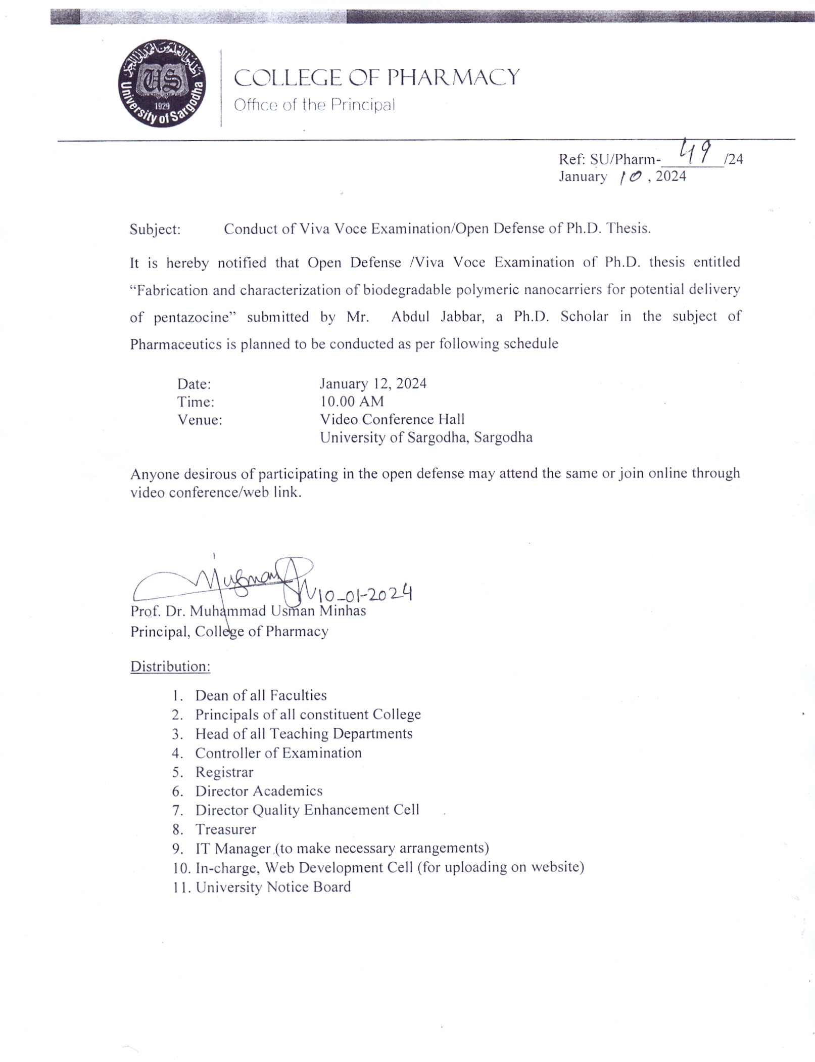 Conduct of Viva Voce Examination/Open Defense of Ph.D. Thesis - Pharmacy